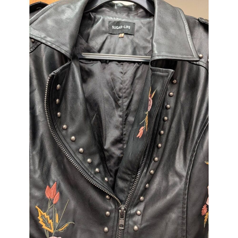 Embroidered Studded Moto Faux Leather Jacket Women's Large Sugarlips - Picture 9 of 16